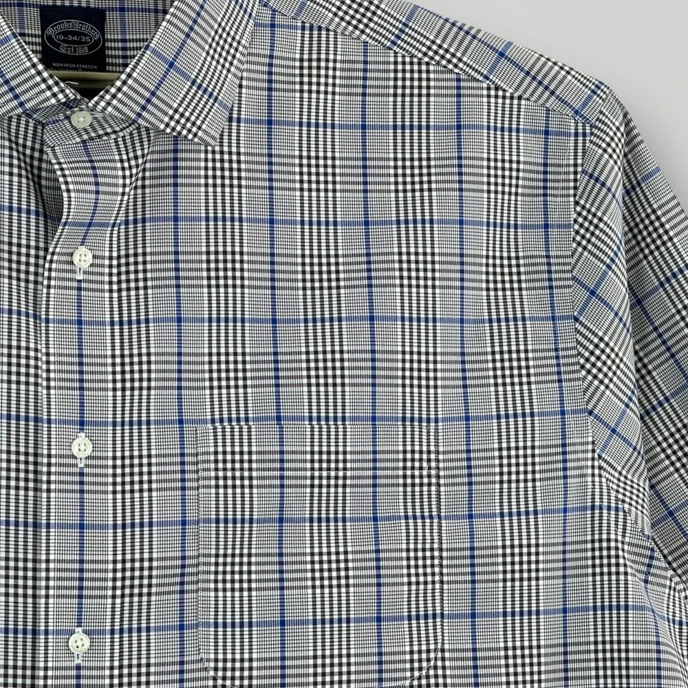 Brooks Brothers Stretch Supima Shirt Mens‎ 19 34/35 Blue Plaid Non Iron Dress